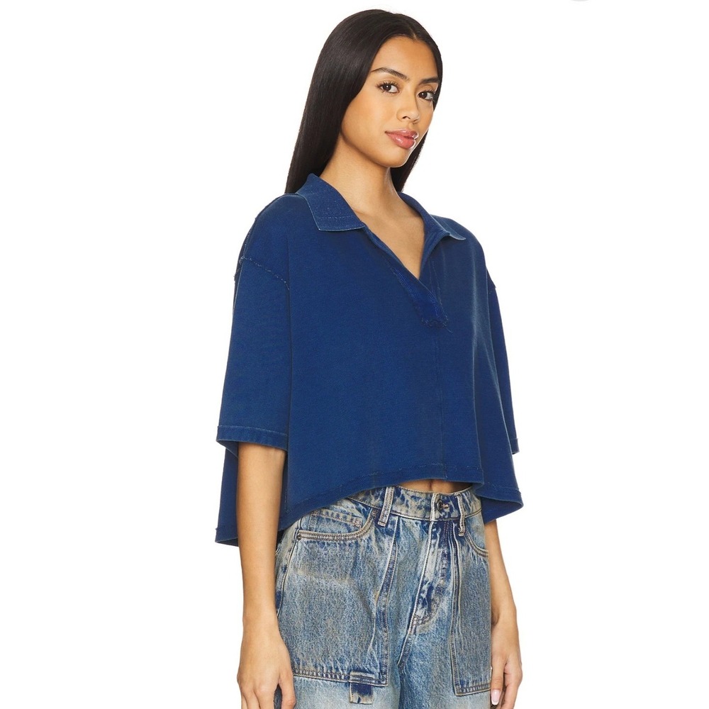 We The Free Free People Cropped Polo Shirt Blue Waffle Knit Boxy Top M‎